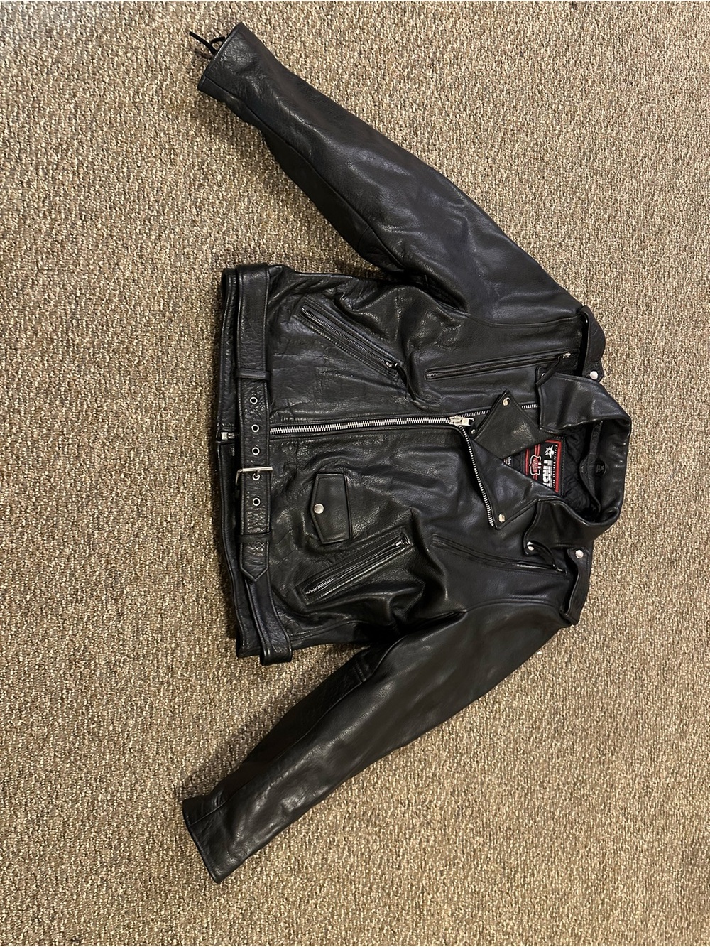 Black Leather Biker Jacket with Belt - Unknown Brand